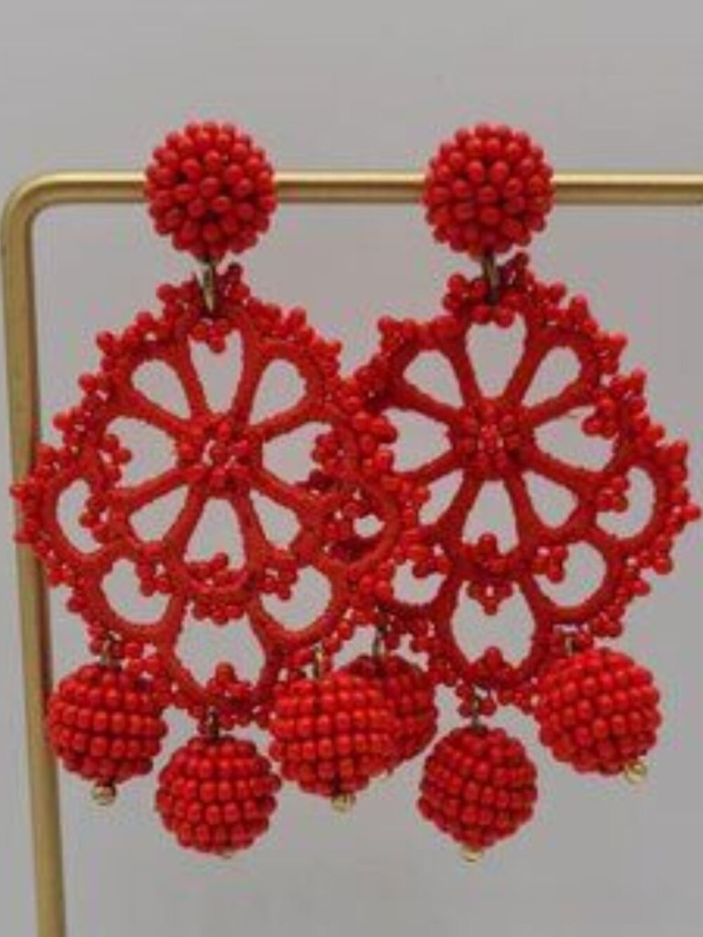 J Crew Red Beaded Crochet look Drop Earrings